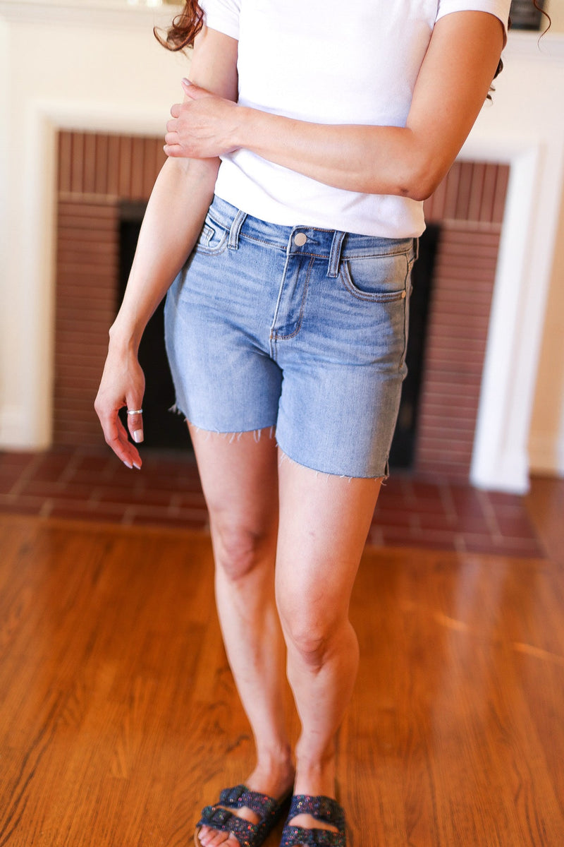 Judy Blue Medium Wash Mid Rise Cut Off Jean Shorts