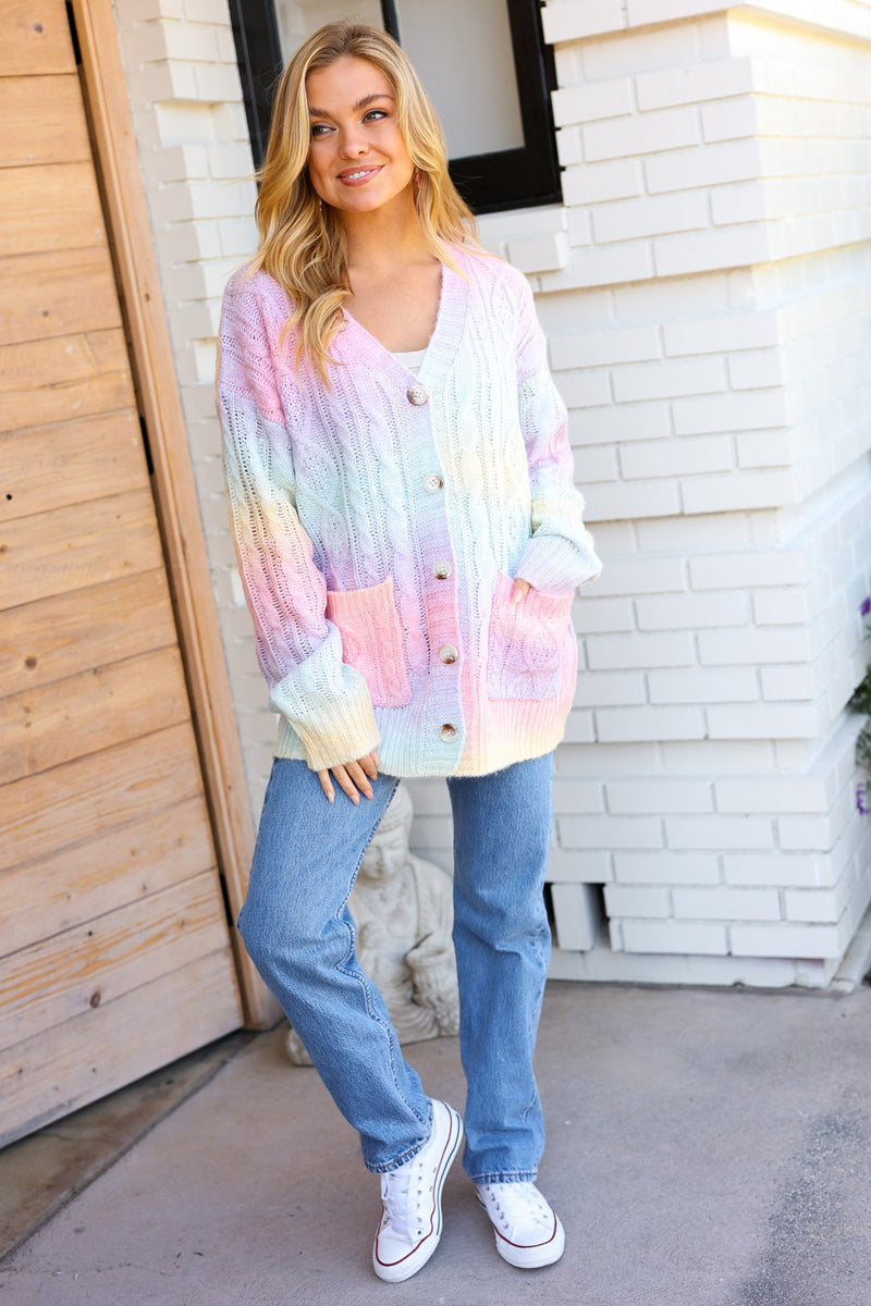 Face The Day Rainbow Ombre Cable Knit Cardigan