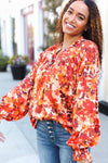 Fall Vibes Rust Floral Print Notched Neck Smocked Satin Top