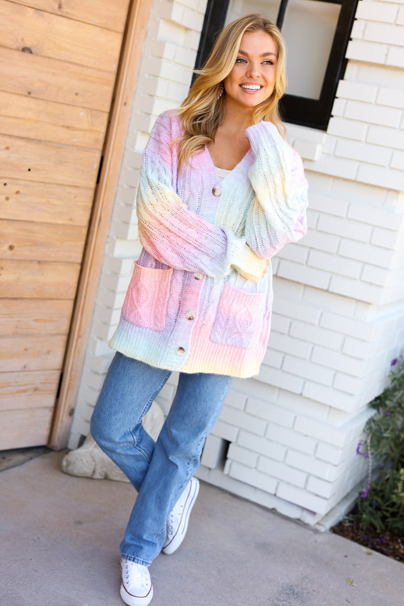 Face The Day Rainbow Ombre Cable Knit Cardigan