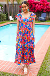 Follow Me Aqua Floral Print Square Neck Tiered Ruffle Maxi Dress