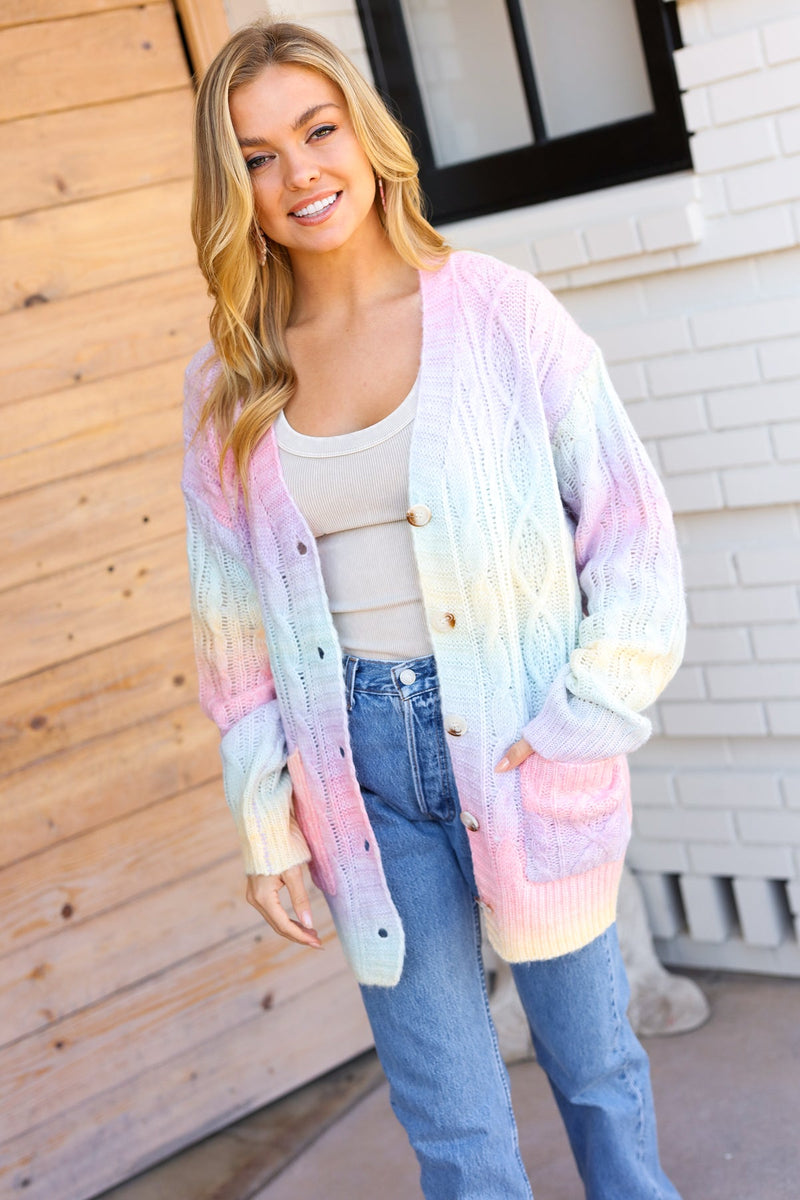 Face The Day Rainbow Ombre Cable Knit Cardigan