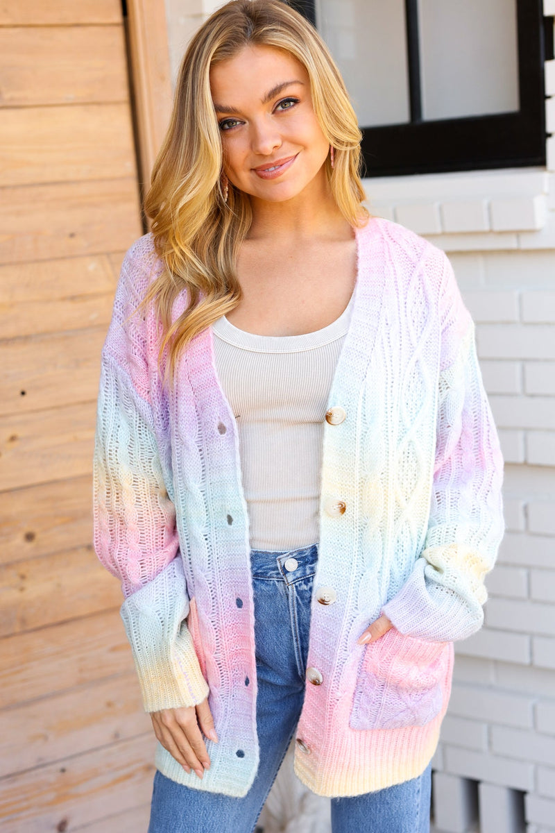 Face The Day Rainbow Ombre Cable Knit Cardigan