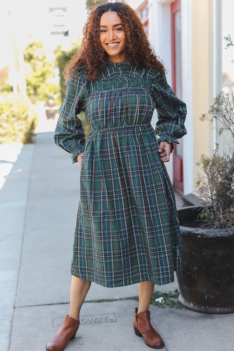 All I Want Hunter Green Plaid Check Woven Pocketed Dress