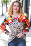 Rust & Khaki Geometric Animal Print Color Block Bubble Sleeve Top