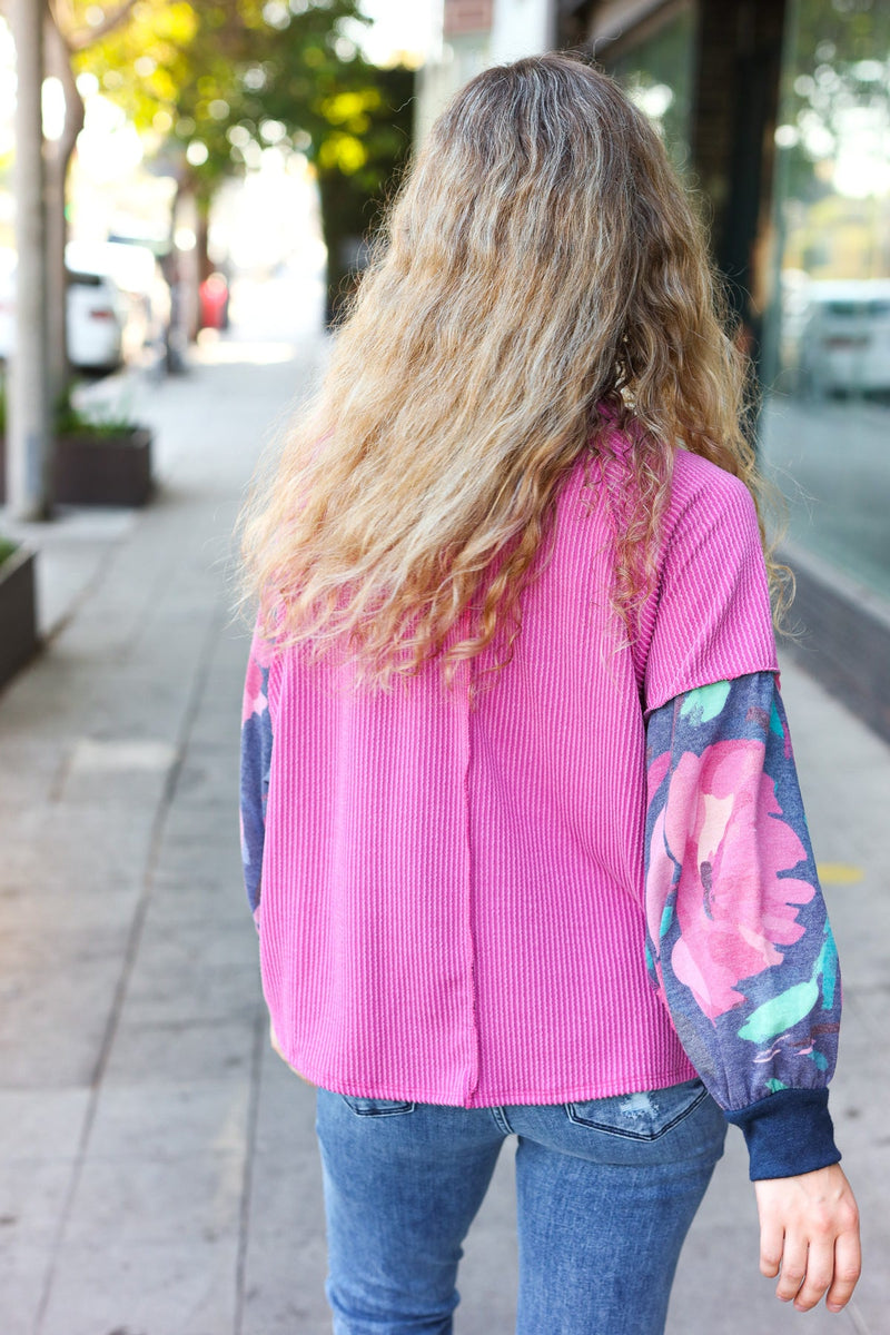 Weekend Ready Magenta & Navy Floral Mineral Wash Rib Dolman Top