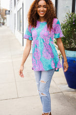 Casual Living Turquoise Floral Print Short Sleeve Knit Top
