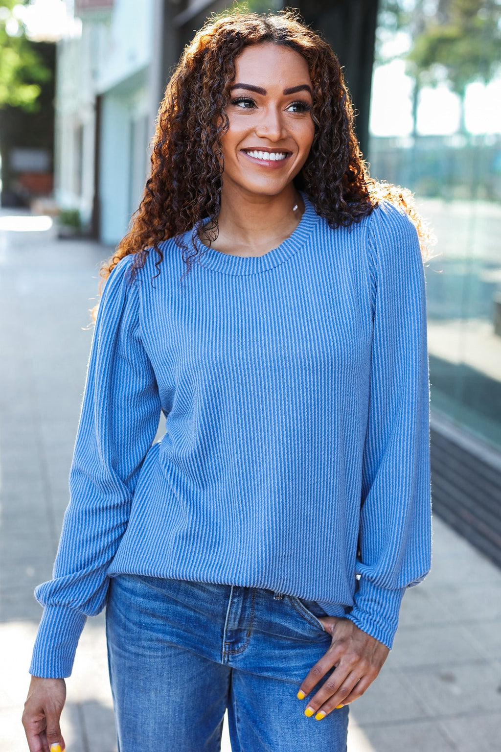 Everyday Vintage Denim Rib Mineral Wash Long Sleeve Top