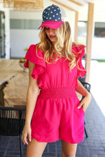 Feeling Femme' Fuchsia Smocked Waist V Neck Flutter Sleeve Romper