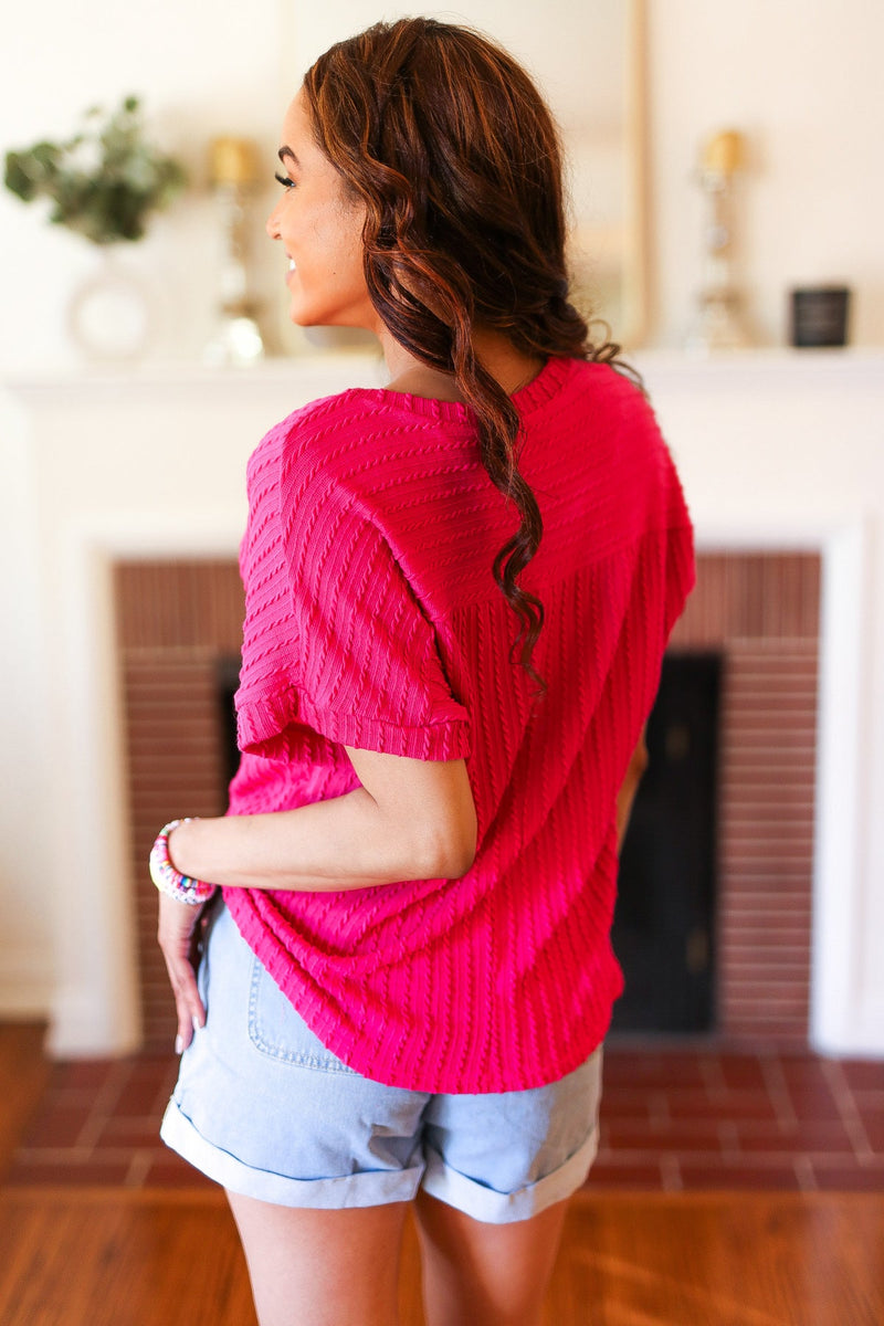 Be Your Best Fuchsia Cable Knit Dolman Short Sleeve Sweater Top