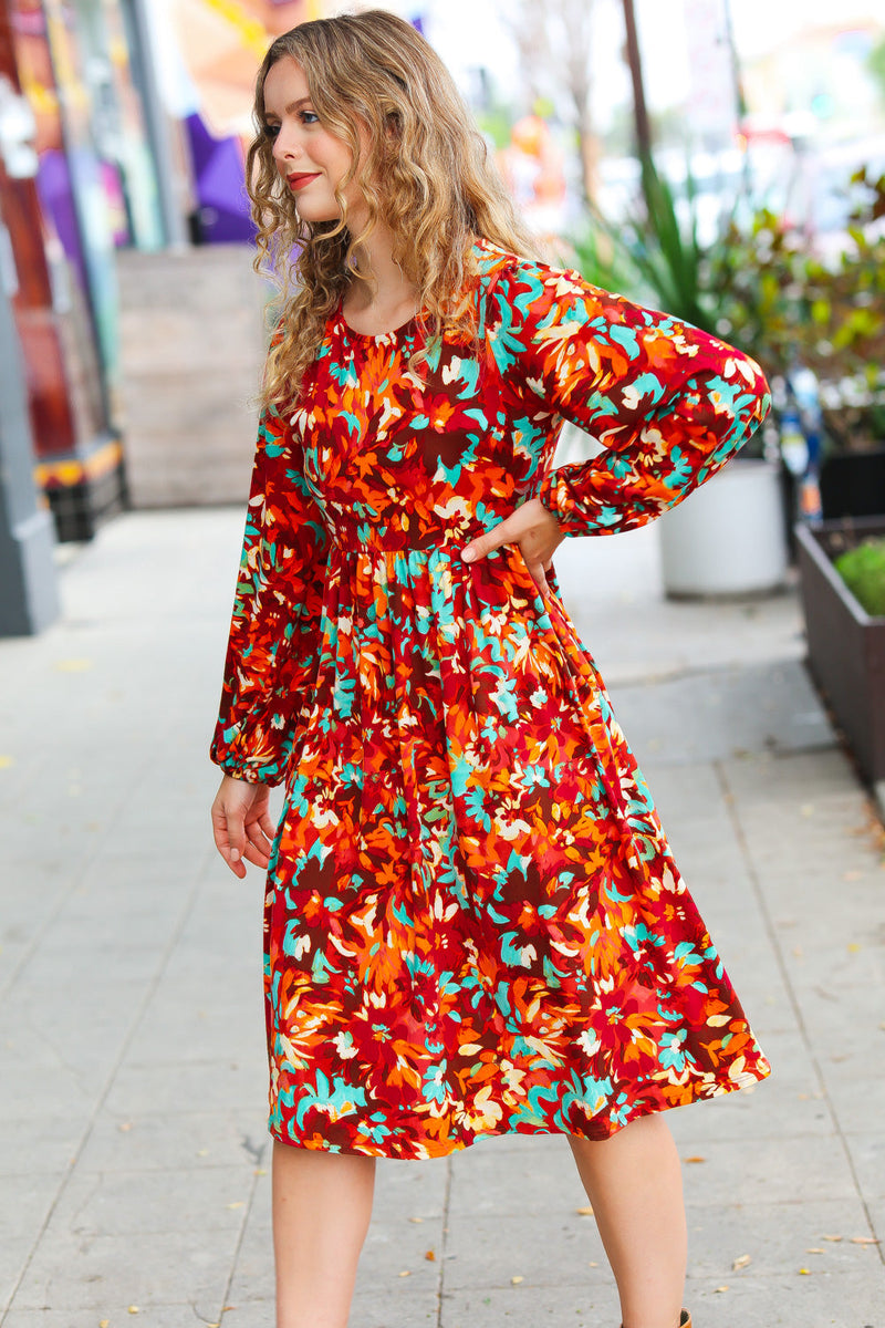 Burgundy & Jade Floral Print Midi Dress