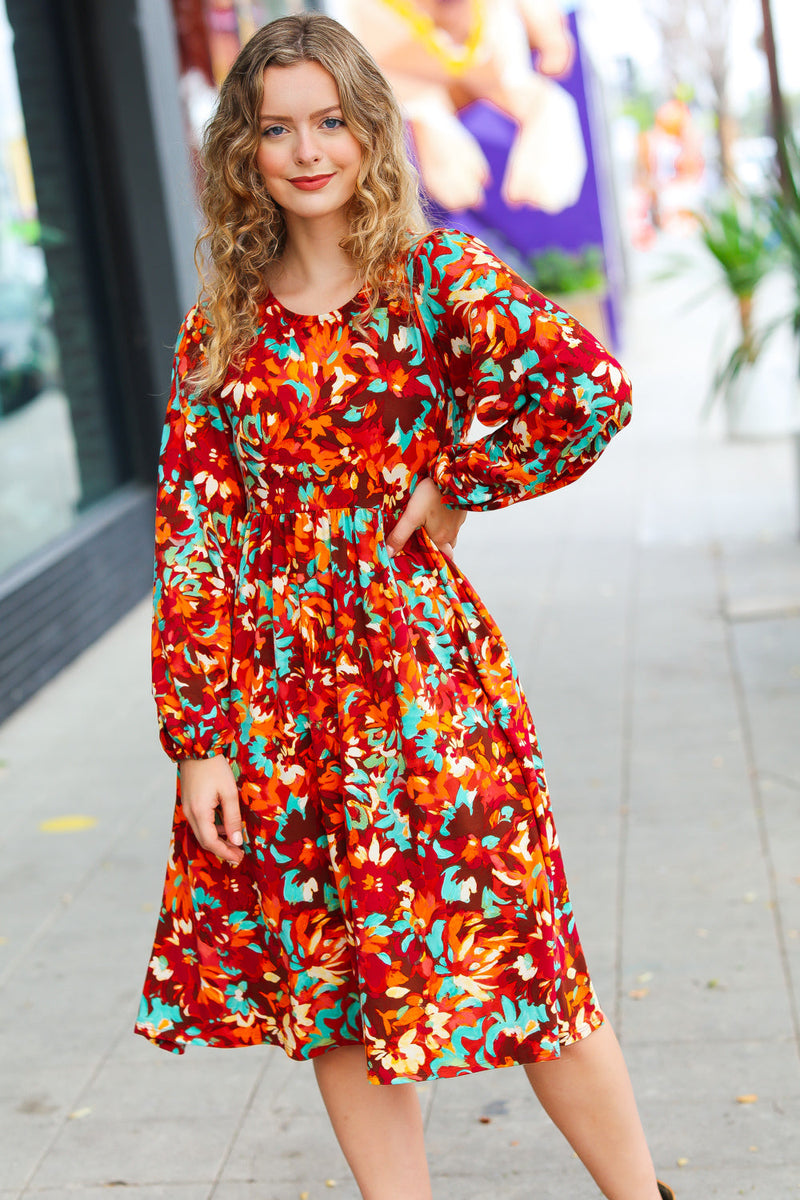 Burgundy & Jade Floral Print Midi Dress