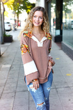 Charming Caramel Floral Print Colorblock Notch Neck Top