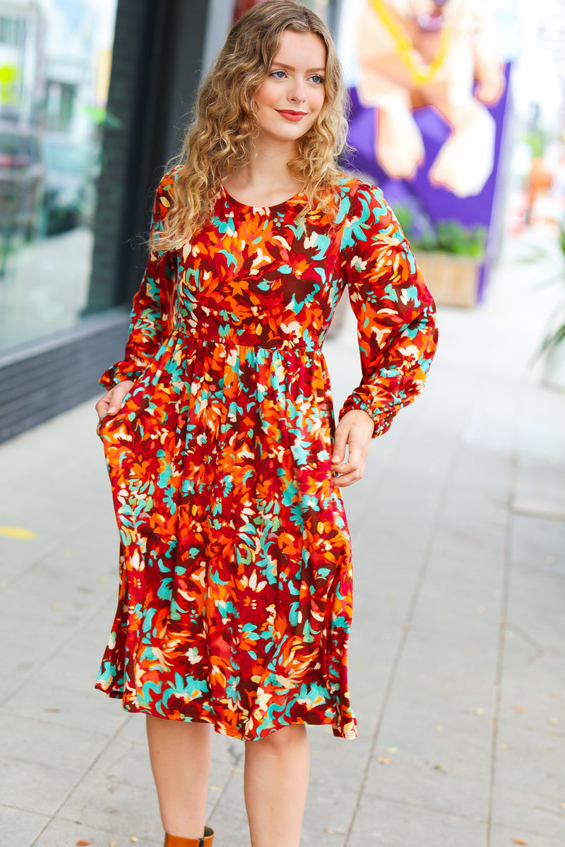 Burgundy & Jade Floral Print Midi Dress