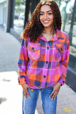 Stand Out Magenta & Orange Plaid Fleece Collared Shacket