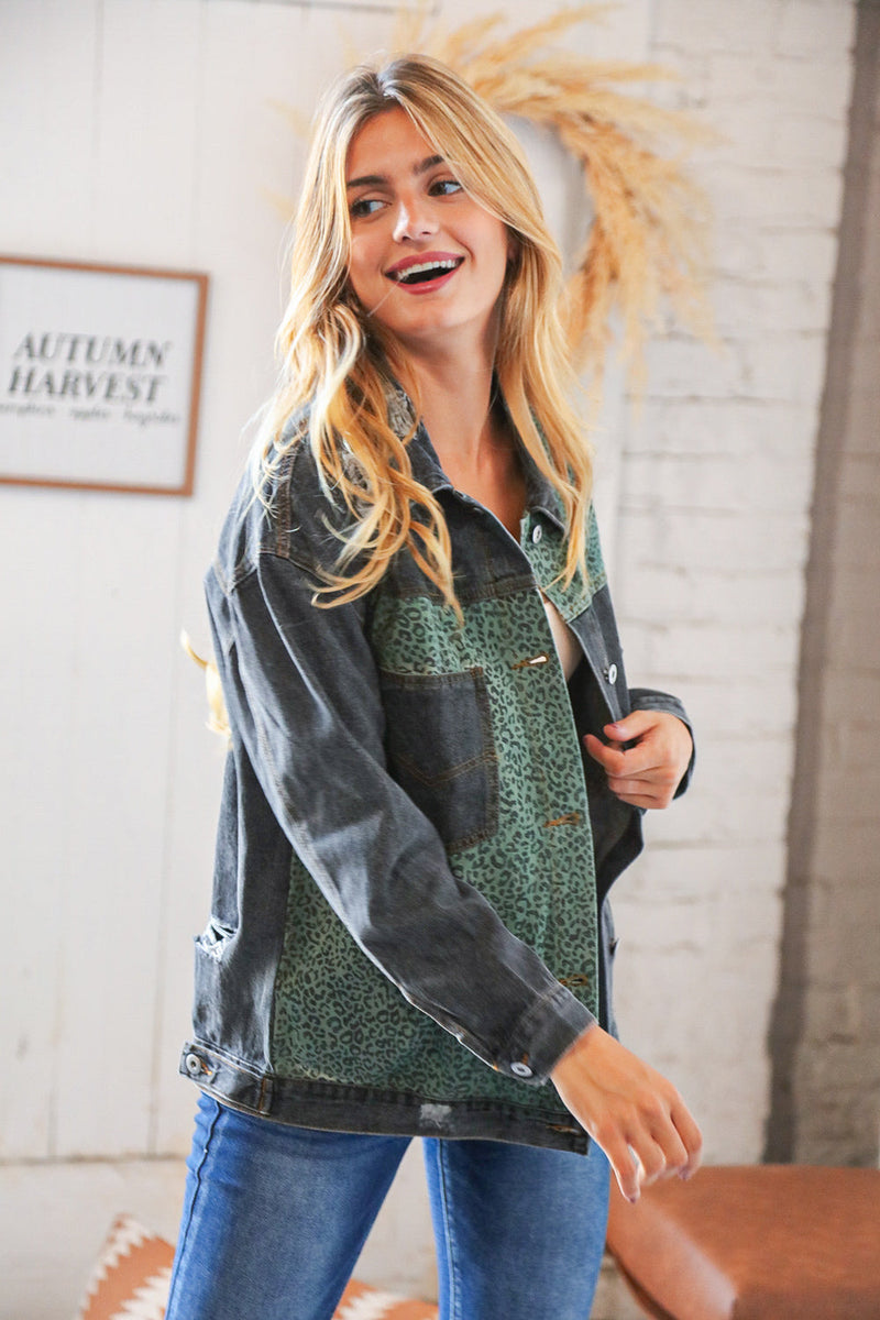 Green Leopard Distressed Washed Denim Jacket