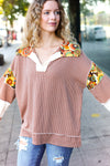 Charming Caramel Floral Print Colorblock Notch Neck Top