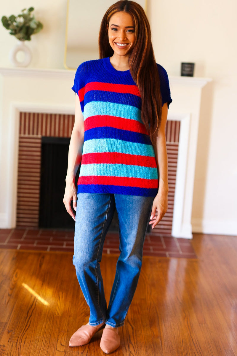 Forget Me Not Royal Blue Stripe Short Sleeve Dolman Sweater