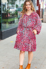 Fuchsia & Teal Dot Tie V Neck Ruffle Dress