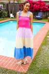 Vacay Vibes Hot Pink & Blue Smocked Color Block Maxi Dress