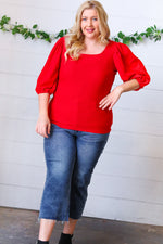 Red Crinkle Bubble Puff Sleeve Blouse