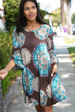 Geo Paisley Print Ruffle Sleeve Pocketed Dress