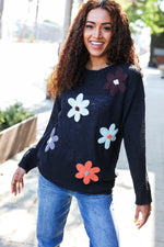 Eyes On You Black Flower Patch Oversized Knit Sweater