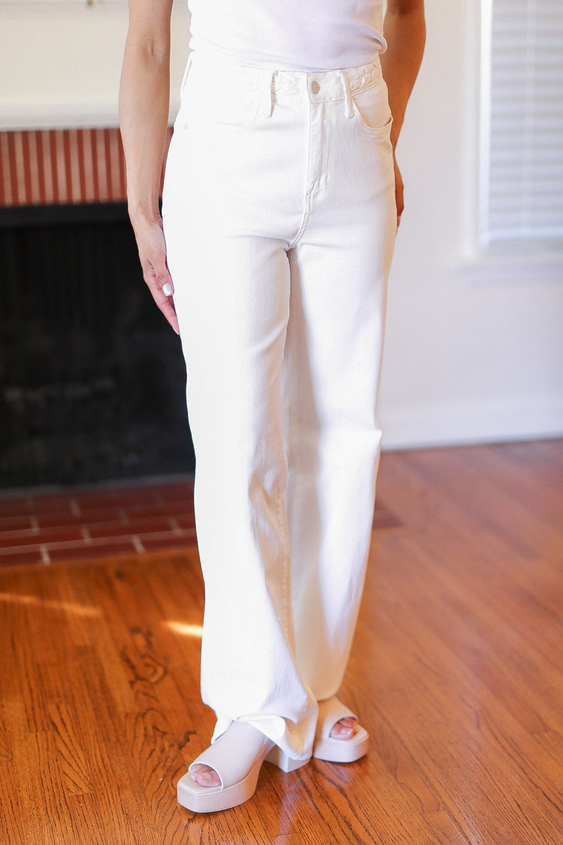 Judy Blue Above & Beyond White Braided Waist Wide Leg Jeans