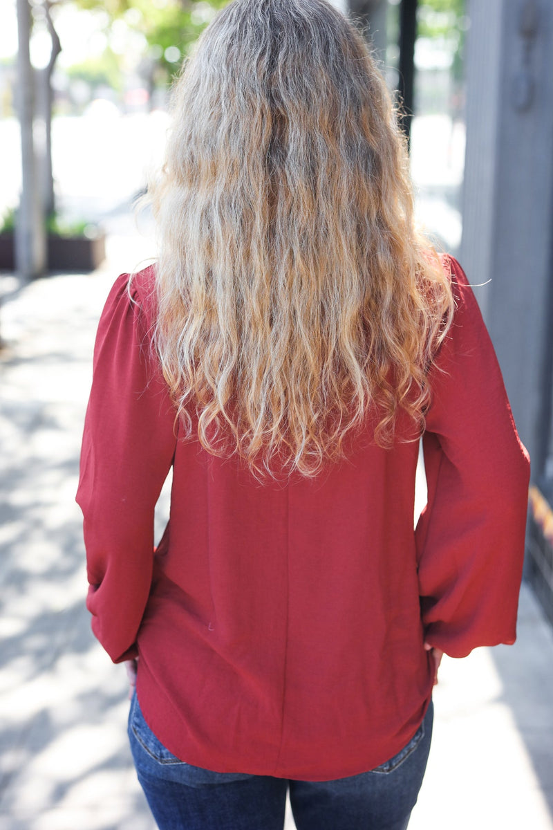 Feeling Femme Off Burgundy Frilled Edge V Neck Tie Top