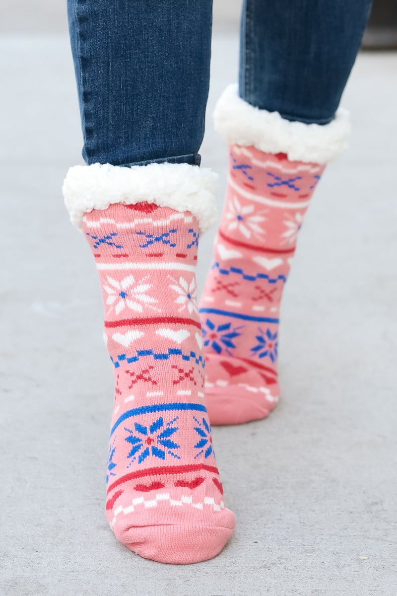 Blush Holiday Sherpa Traction Bottom Slipper Socks