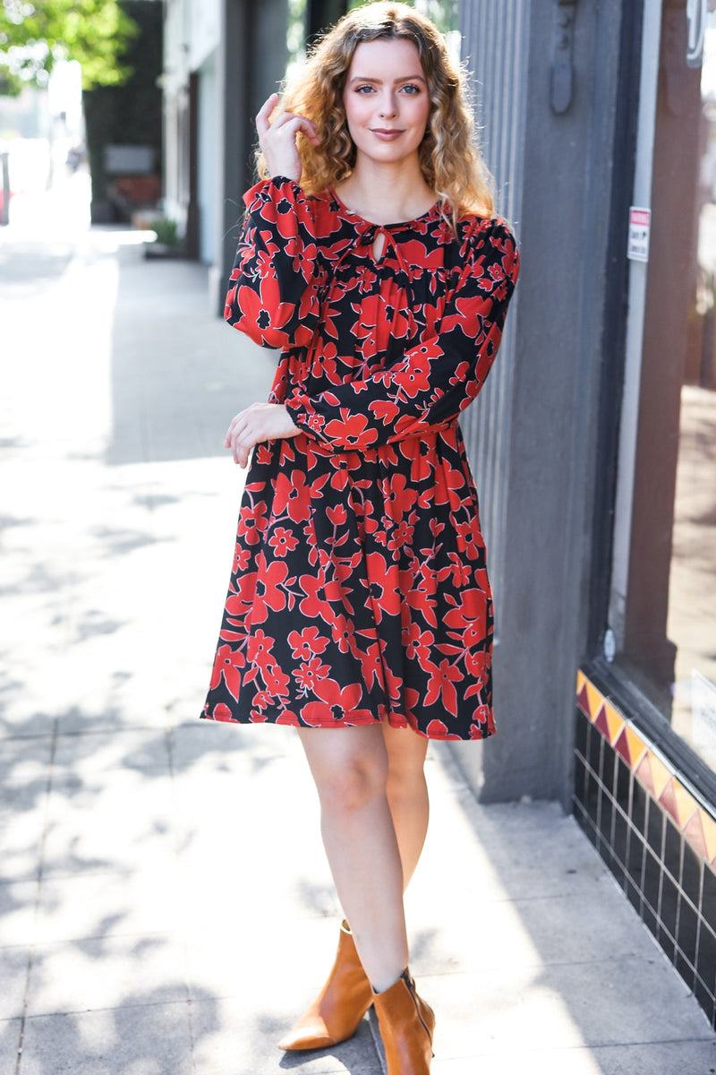 Boldly You Rust & Black Floral Print Front Tie Dress