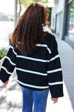 Fall For You Black Stripe Notched Neck Collared Oversized Sweater