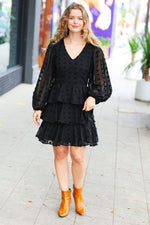 Holiday Vixen Black Chiffon Swiss Dot V Neck Tiered Ruffle Dress