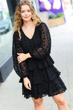 Holiday Vixen Black Chiffon Swiss Dot V Neck Tiered Ruffle Dress