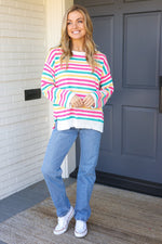 Bold & Sassy Fuchsia Multi Stripe Pullover Sweater