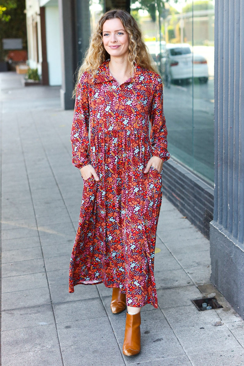 Casual Living Burgundy Floral Collared Fit & Flare Maxi Dress