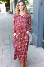 Casual Living Burgundy Floral Collared Fit & Flare Maxi Dress