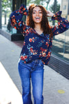 Lovely In Navy Floral Print Smocked Bubble Sleeve Woven Top