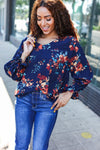 Lovely In Navy Floral Print Smocked Bubble Sleeve Woven Top