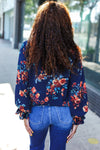 Lovely In Navy Floral Print Smocked Bubble Sleeve Woven Top