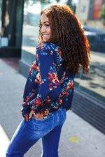 Lovely In Navy Floral Print Smocked Bubble Sleeve Woven Top