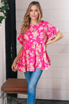 Fuchsia Floral Frill Ruffle Hem Tiered Swing Top