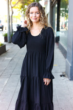 Beautiful You Black Smocked Ruffle Sleeve Maxi Dress