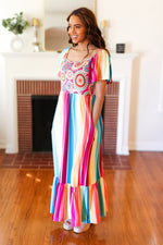 Feeling Bold Fuchsia & Teal Striped Medallion Crochet Print Dress