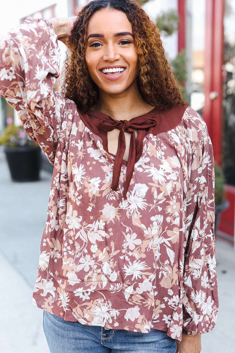 Spread Joy Taupe Floral Front Tie Elastic Long Sleeve Blouse (Copy)
