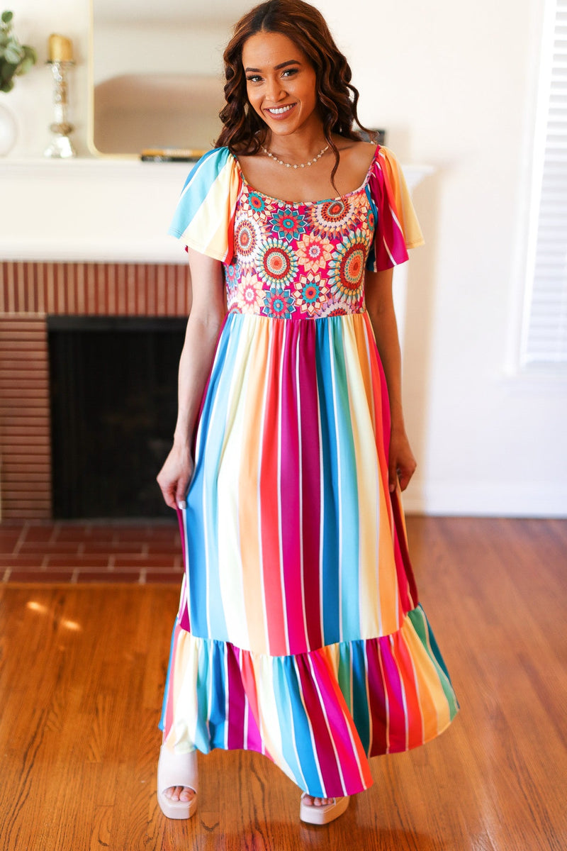 Feeling Bold Fuchsia & Teal Striped Medallion Crochet Print Dress