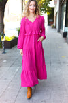 Beautiful You Berry Pintuck Detail Frill V Neck Maxi Dress