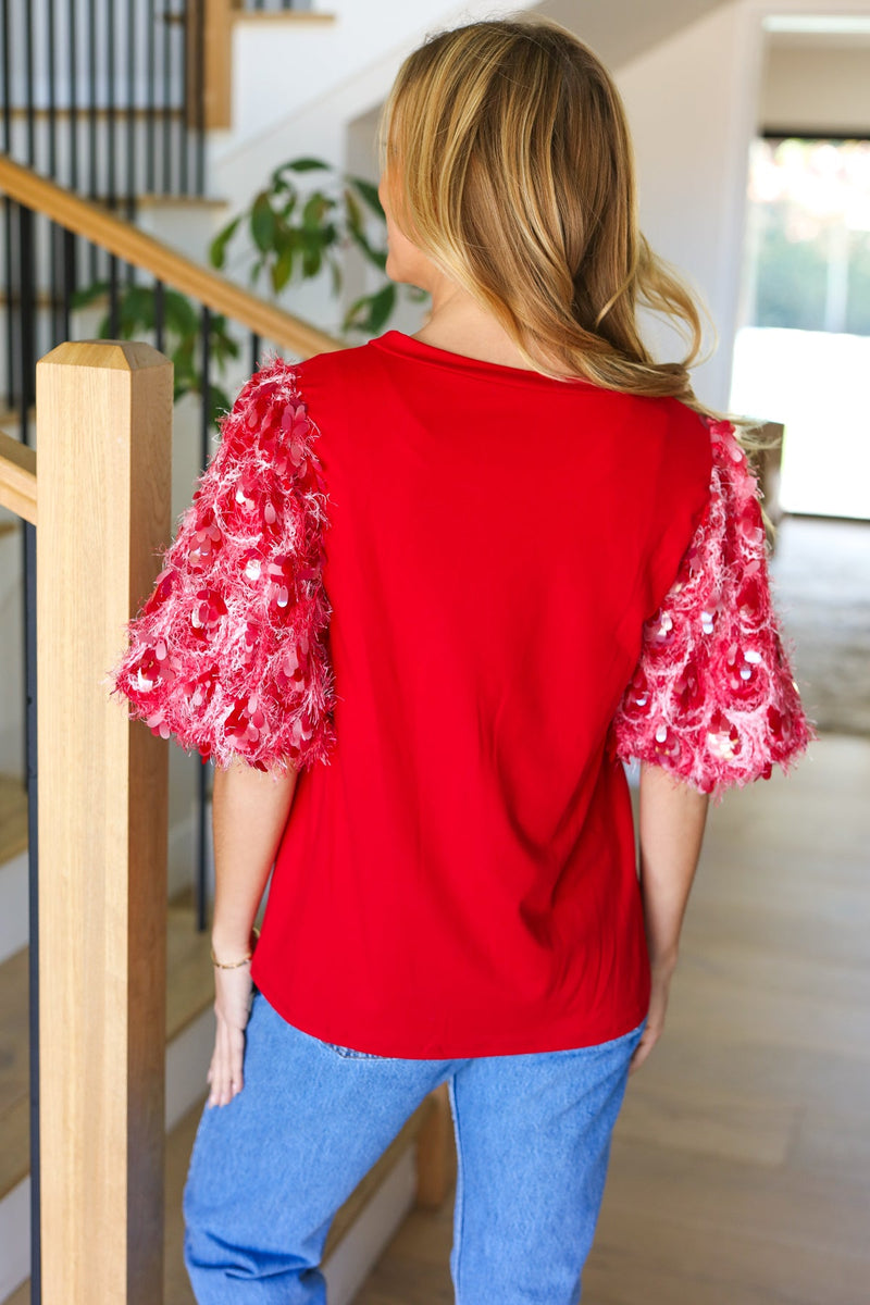 Come To Me Red Sequin Puff Short Sleeve Top