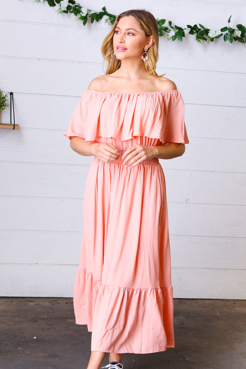 Coral off Shoulder Smocked Waist Ruffle Sleeve Midi Dress