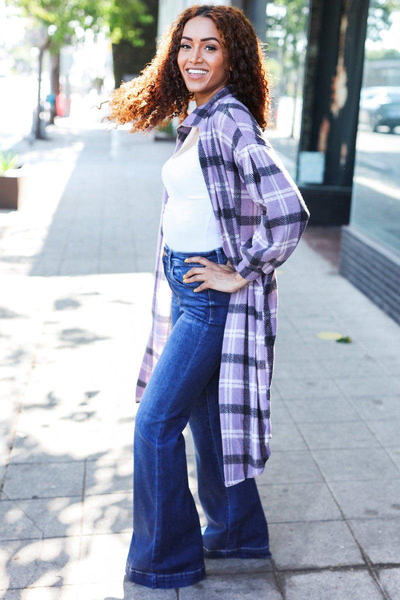 Fall Vibes Lavender Plaid Hacci Knit Open Cardigan